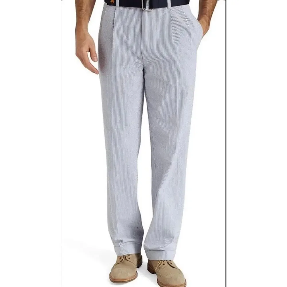 Brooks Brothers Elliot Seersucker Pleated Men's 36x34 Blue White Cuffed Pants